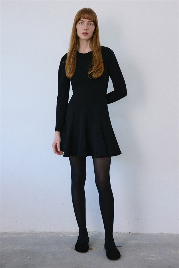Crew Neck Long Sleeve Mini Black Dress
