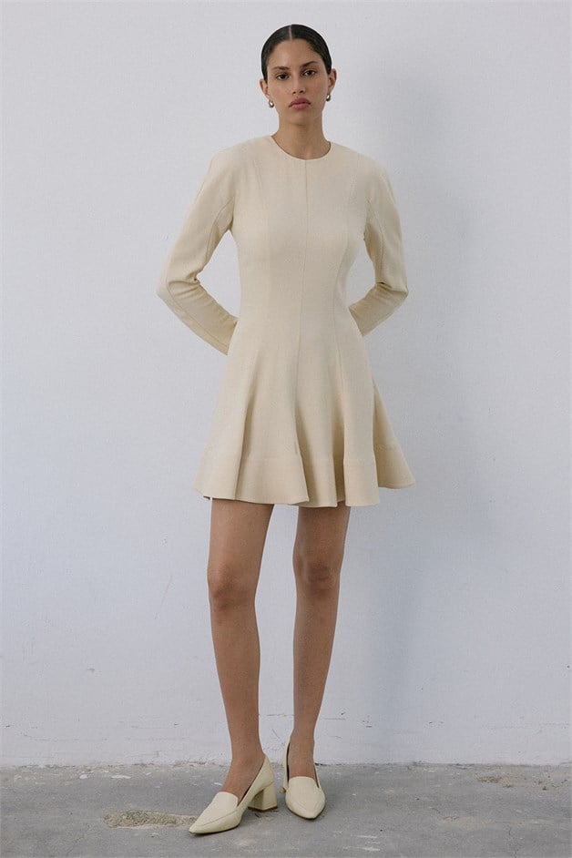 Crew Neck Long Sleeve Mini Beige Dress