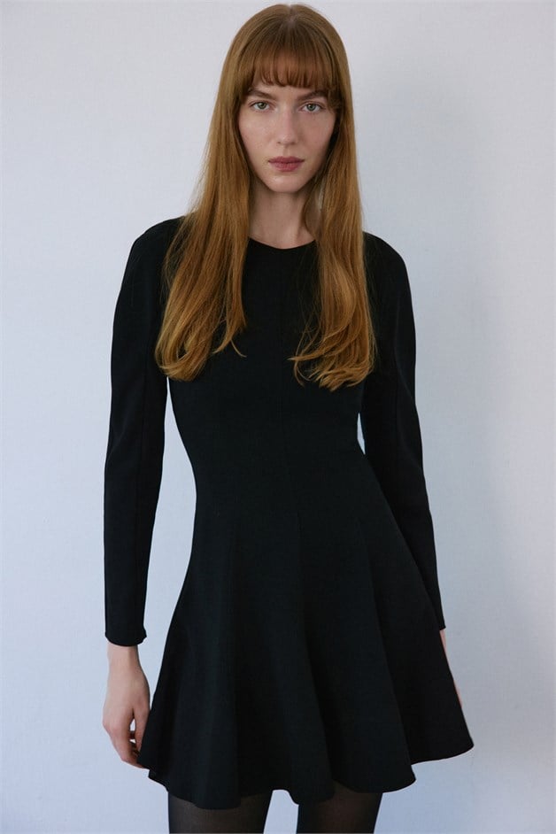 Crew Neck Long Sleeve Mini Black Dress