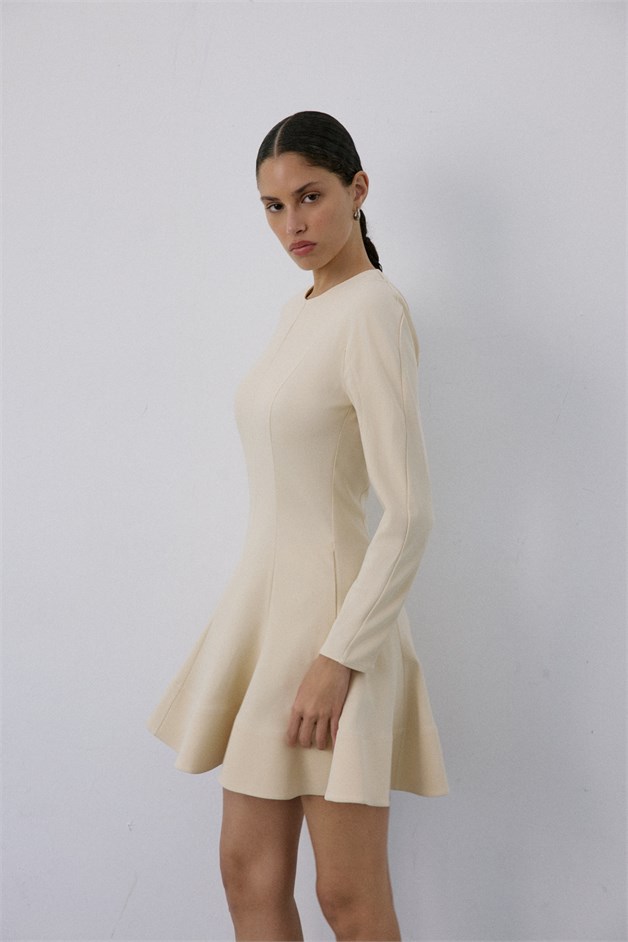 Crew Neck Long Sleeve Mini Beige Dress