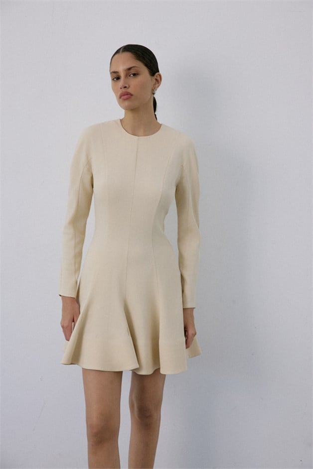 Crew Neck Long Sleeve Mini Beige Dress