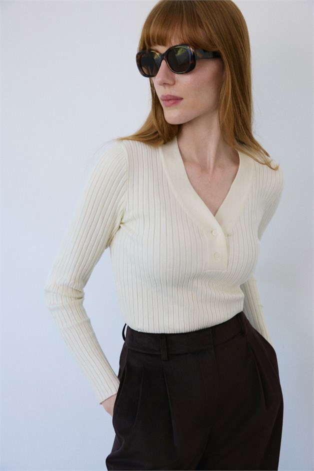 V Neck Ribbed Knit Ecru Sweater