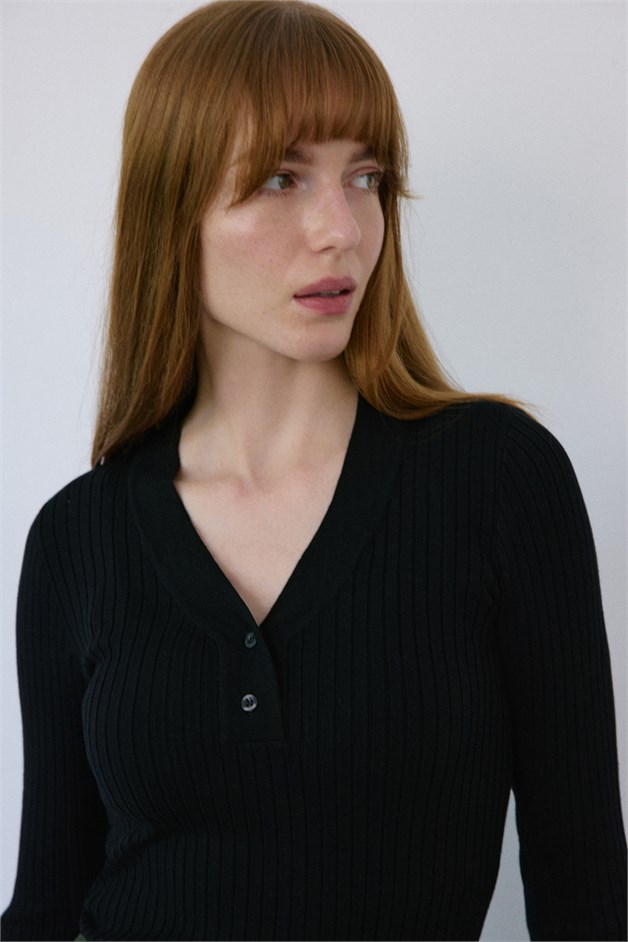 V Neck Ribbed Knit Black Sweater