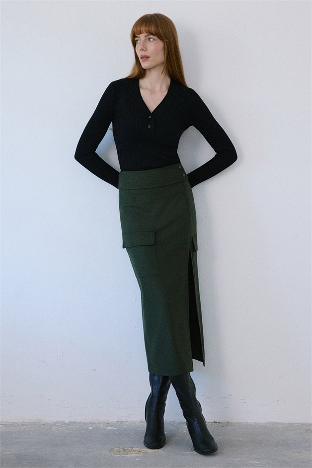 V Neck Ribbed Knit Black Sweater
