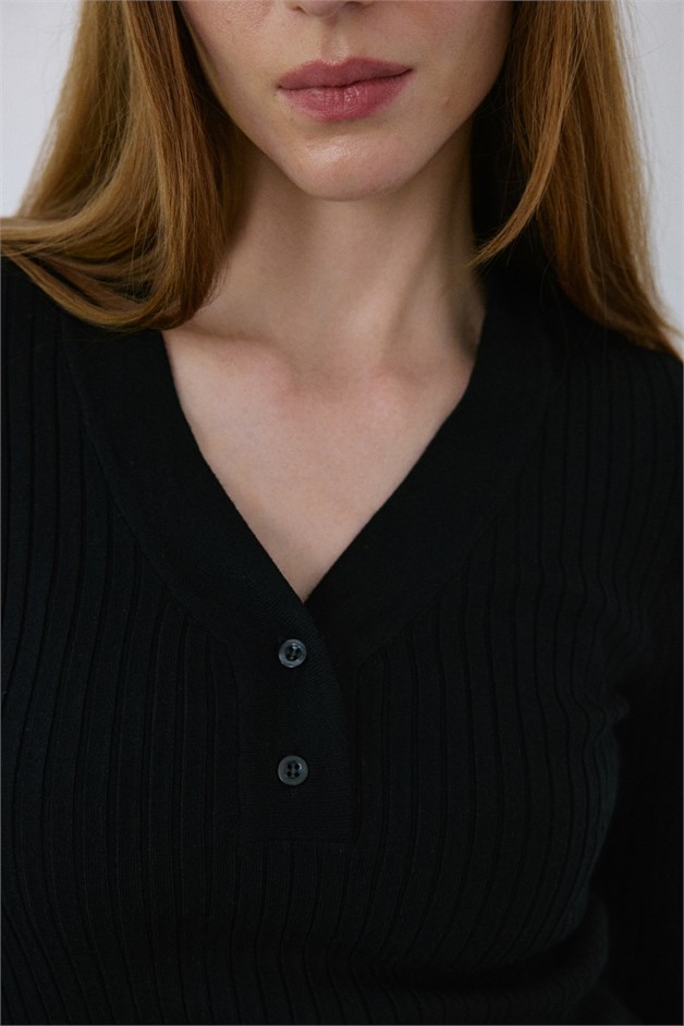 V Neck Ribbed Knit Black Sweater