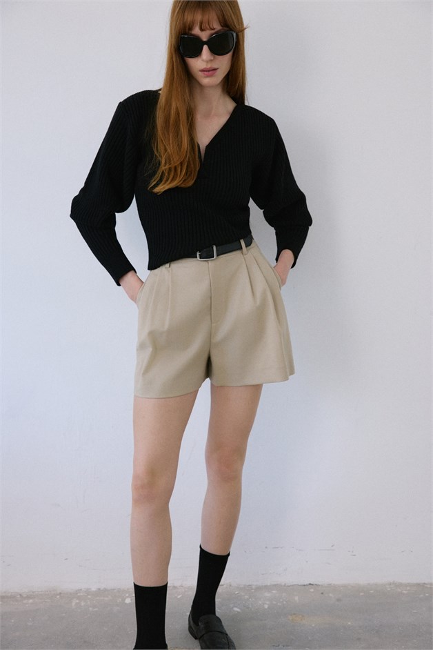 V Yaka Rib Triko Siyah Kazak