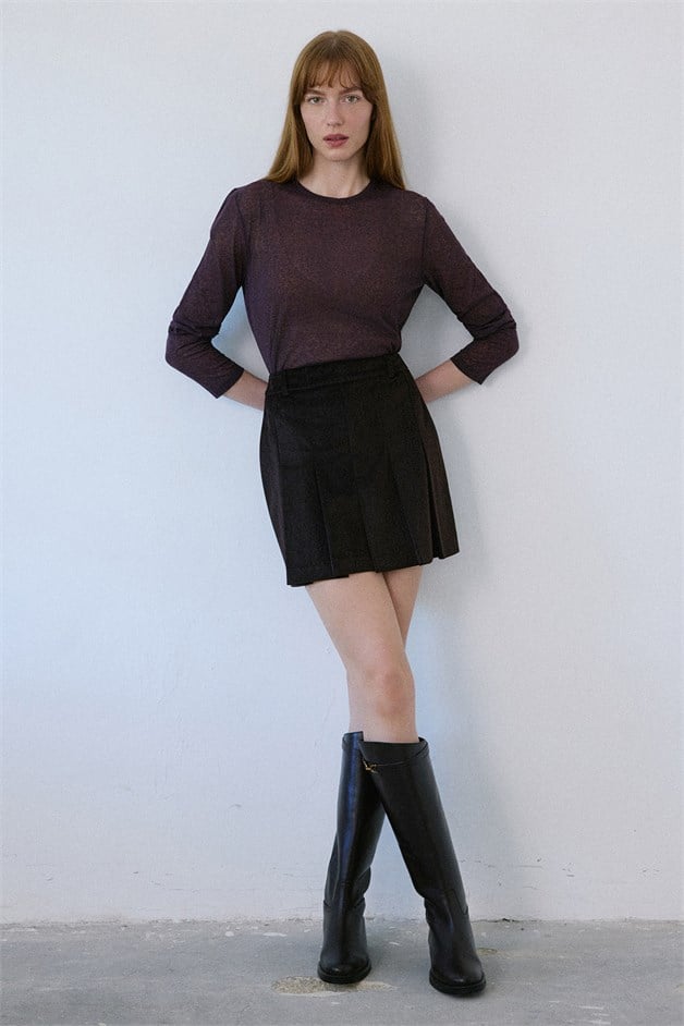 Crew Neck Sheer Knit Brown Sweater