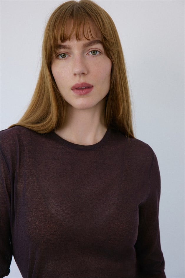 Crew Neck Sheer Knit Brown Sweater