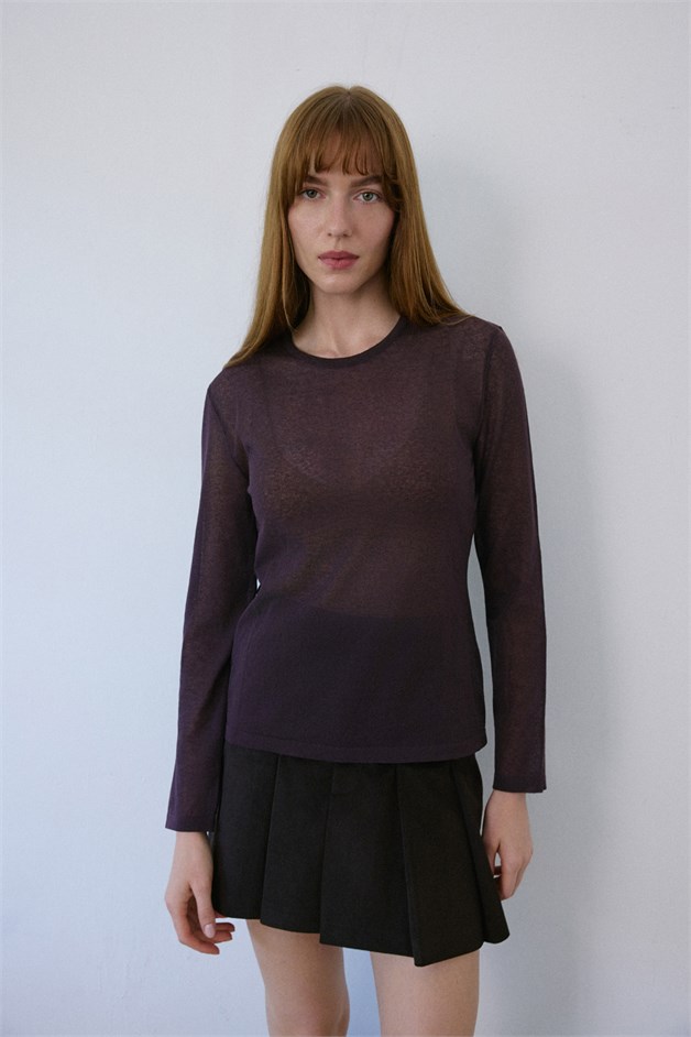Crew Neck Sheer Knit Brown Sweater