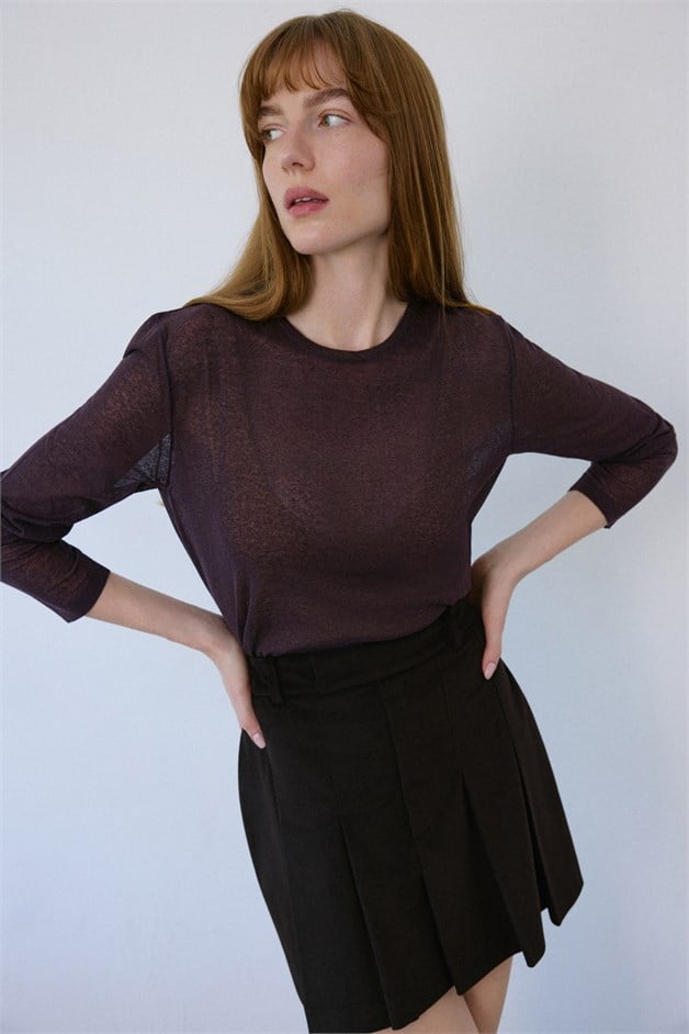 Crew Neck Sheer Knit Brown Sweater