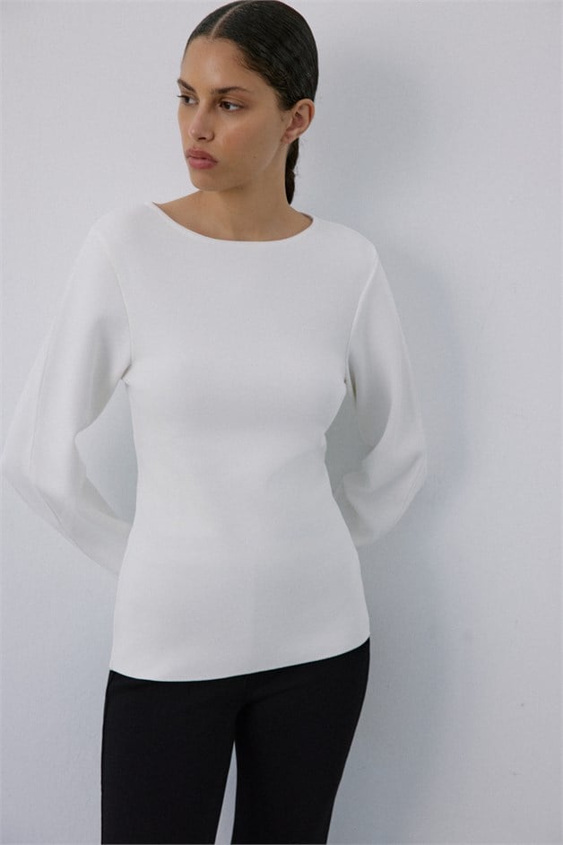 Boat Neck Barrel Fit Knit Ecru Sweater