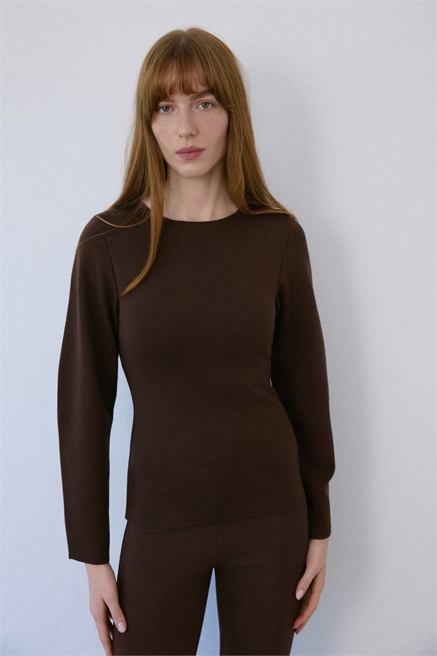 Boat Neck Barrel Fit Knit Brown Sweater
