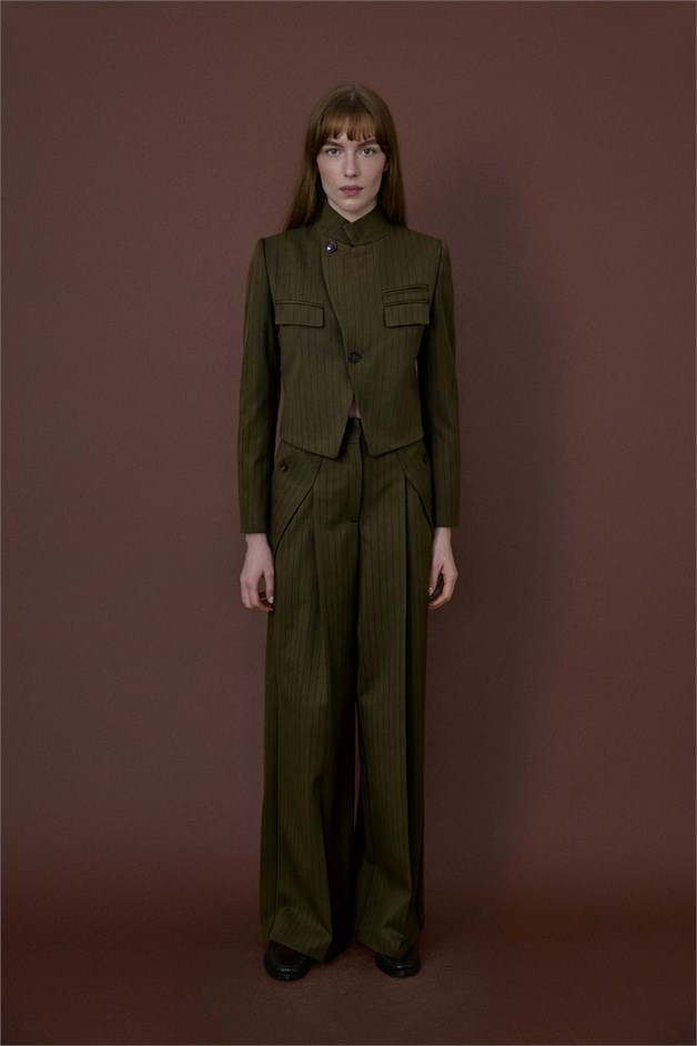 Stand Collar Padded Striped Lined Khaki Blazer