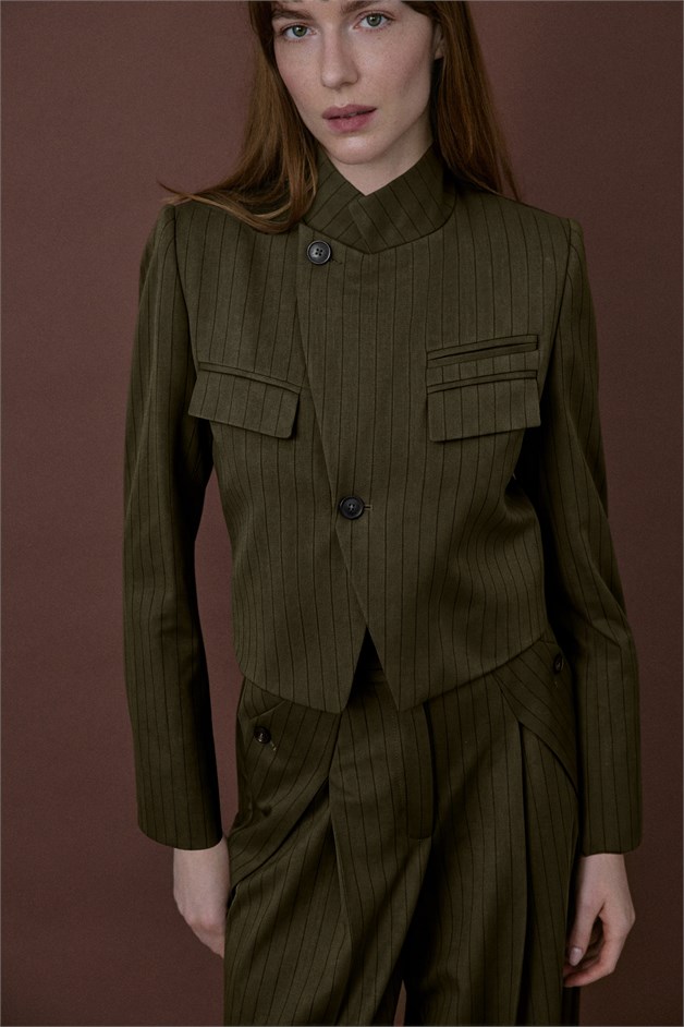 Stand Collar Padded Striped Lined Khaki Blazer