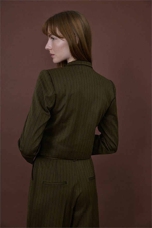 Stand Collar Padded Striped Lined Khaki Blazer