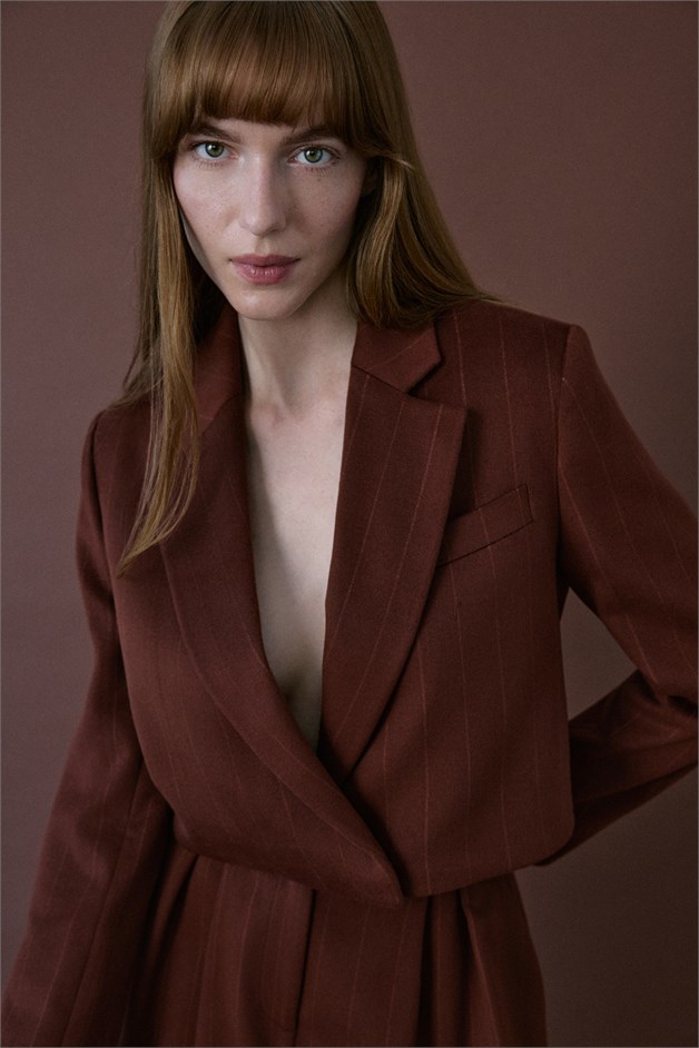 Double Breasted Lined Striped Short Terracotta Blazer
