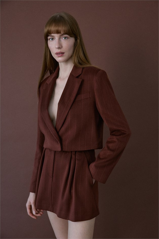 Double Breasted Lined Striped Short Terracotta Blazer