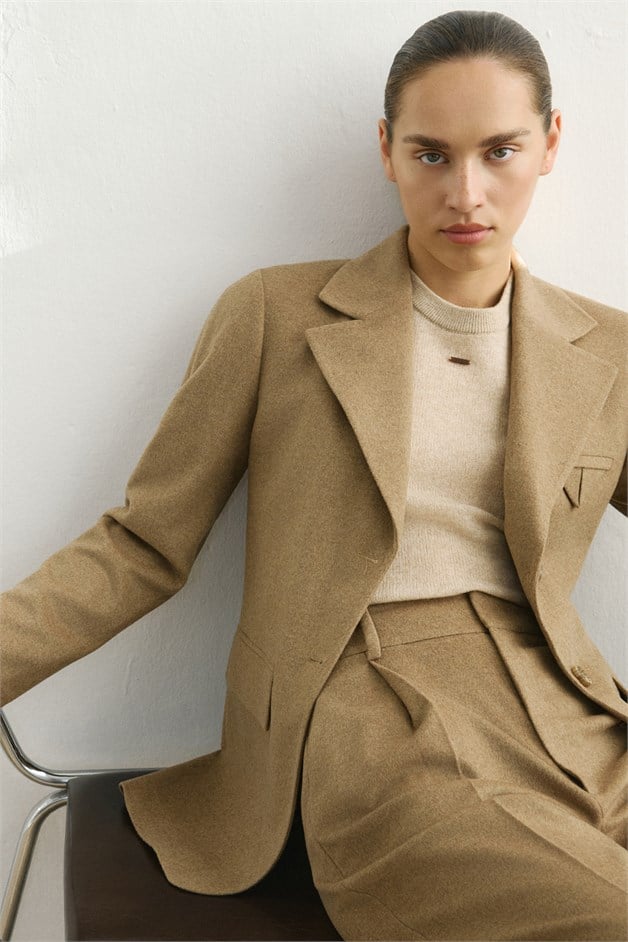 Klapa Yaka Astarlı Uzun Kollu Camel Blazer Ceket