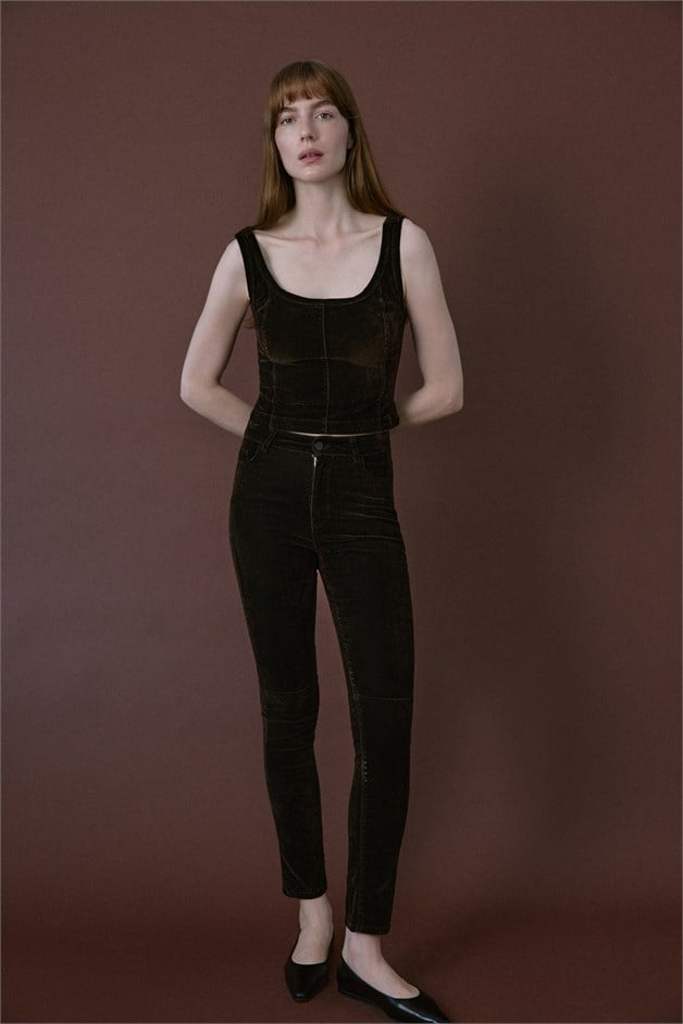Square Neck Velvet Short Cut Brown Blouse