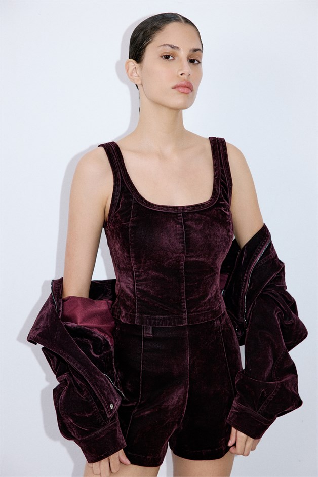 Square Neck Velvet Short Cut Burgundy Blouse