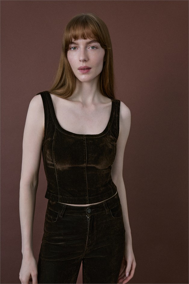 Square Neck Velvet Short Cut Brown Blouse
