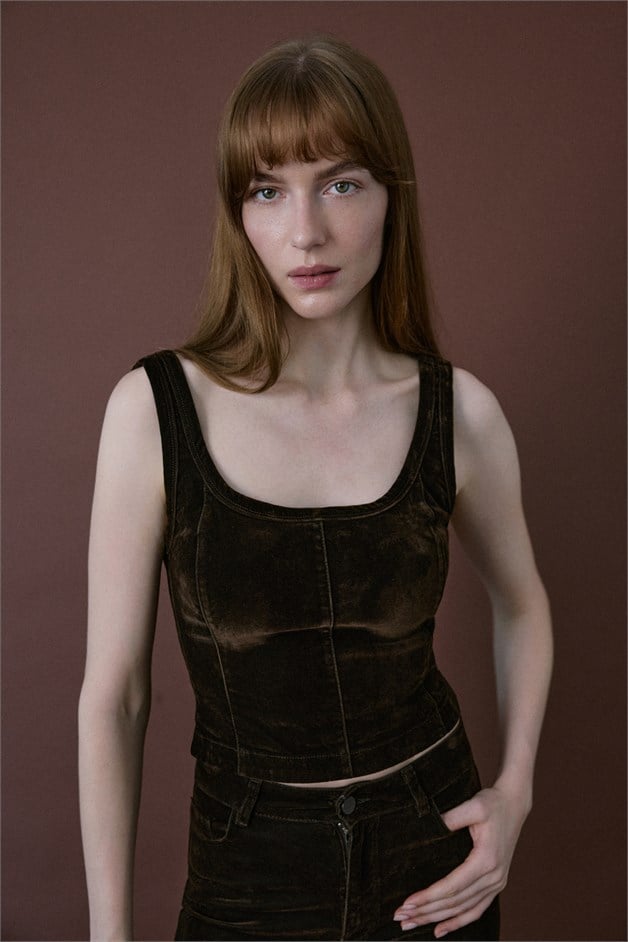 Square Neck Velvet Short Cut Brown Blouse