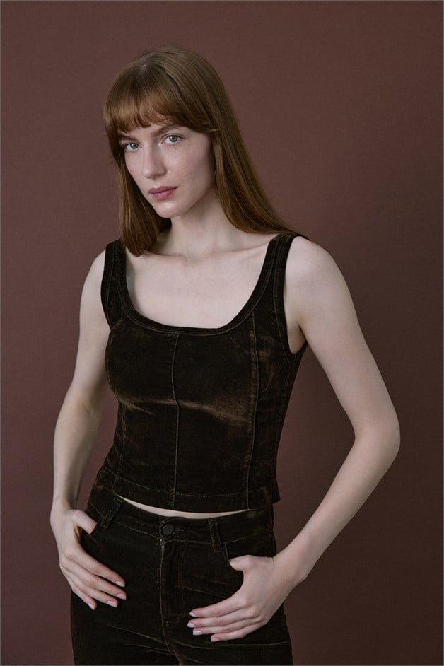 Square Neck Velvet Short Cut Brown Blouse