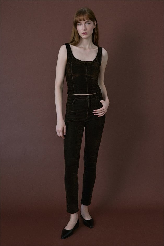 Square Neck Velvet Short Cut Brown Blouse