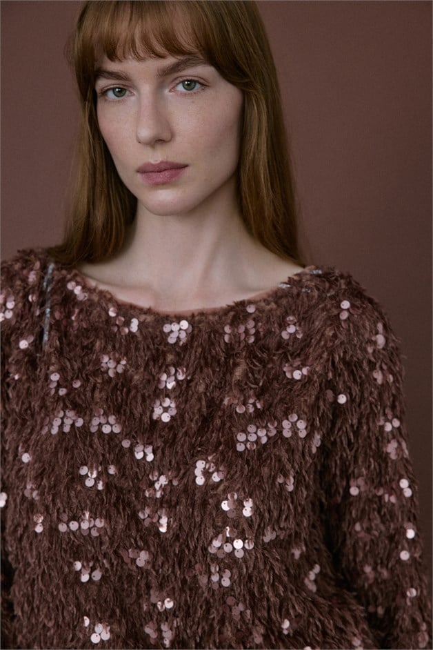 Boat Neck Sequin Embellished Brown Blouse