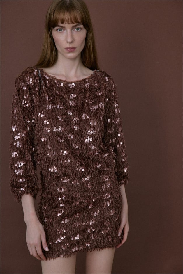 Boat Neck Sequin Embellished Brown Blouse