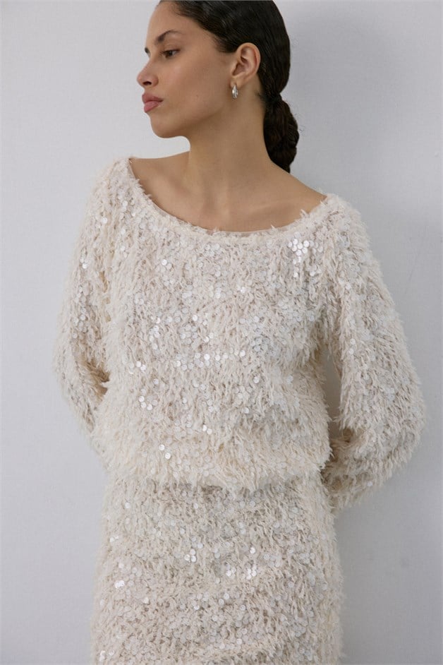 Boat Neck Sequin Embellished Ecru Blouse