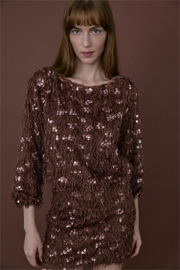 Boat Neck Sequin Embellished Brown Blouse