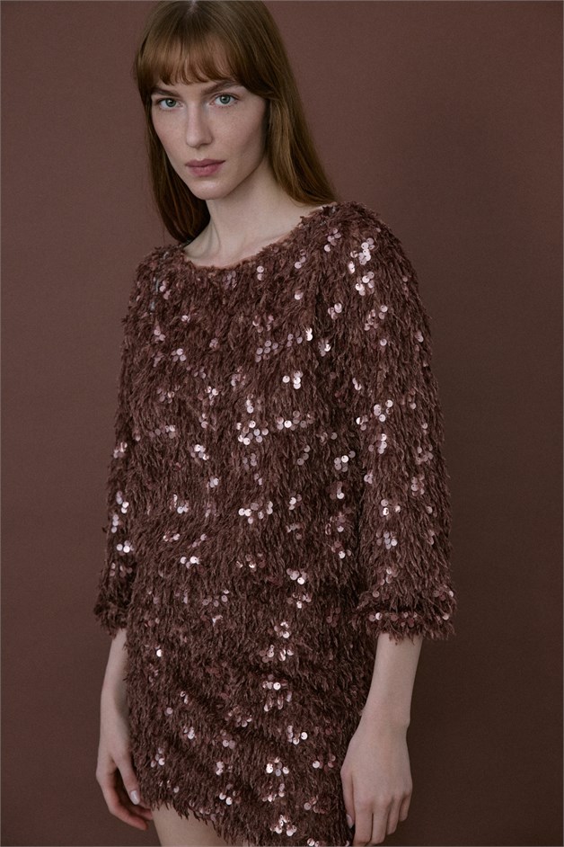 Boat Neck Sequin Embellished Brown Blouse