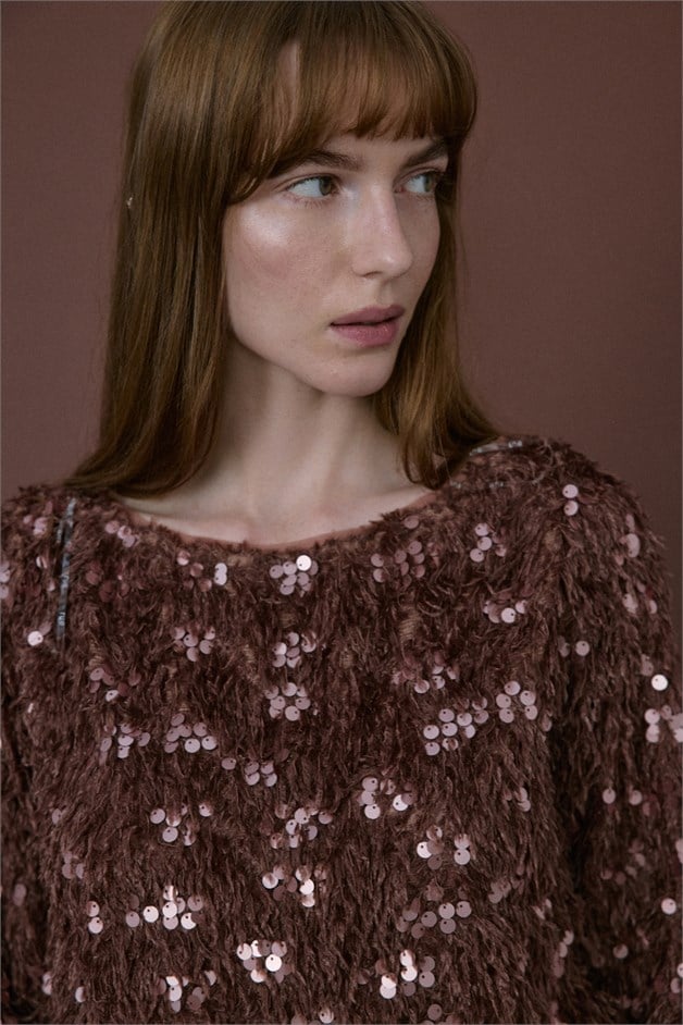 Boat Neck Sequin Embellished Brown Blouse