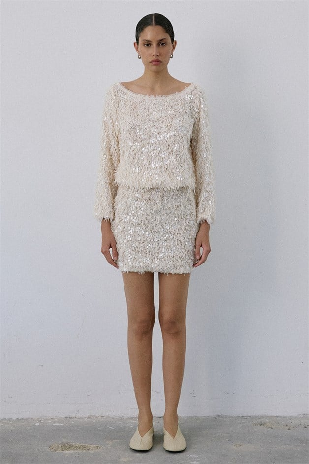 Boat Neck Sequin Embellished Ecru Blouse