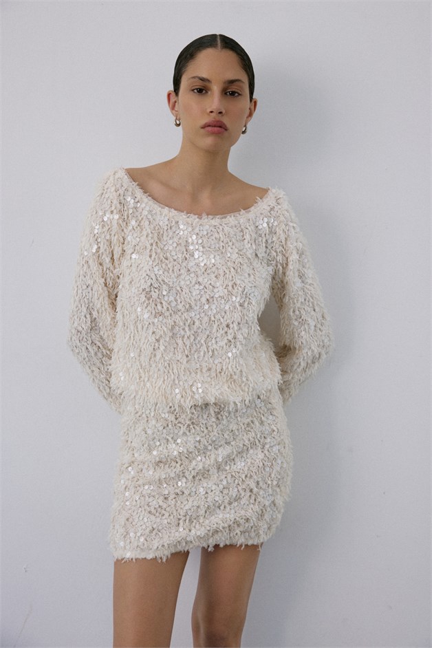 Boat Neck Sequin Embellished Ecru Blouse