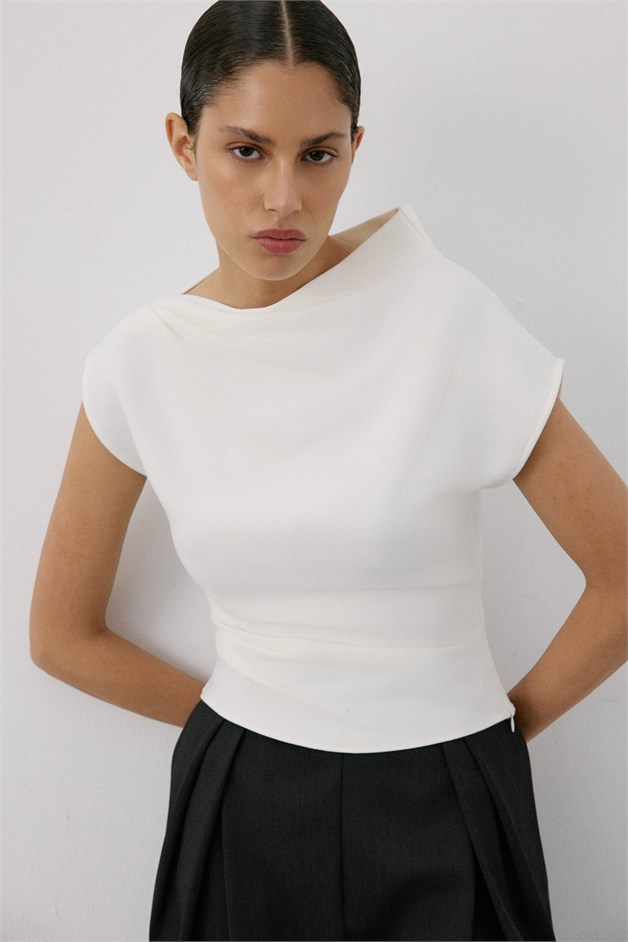 Boat Neck Short Sleeve Ecru Blouse