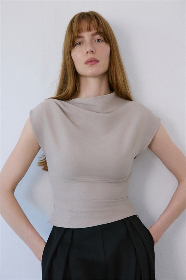 Boat Neck Short Sleeve Mink Blouse