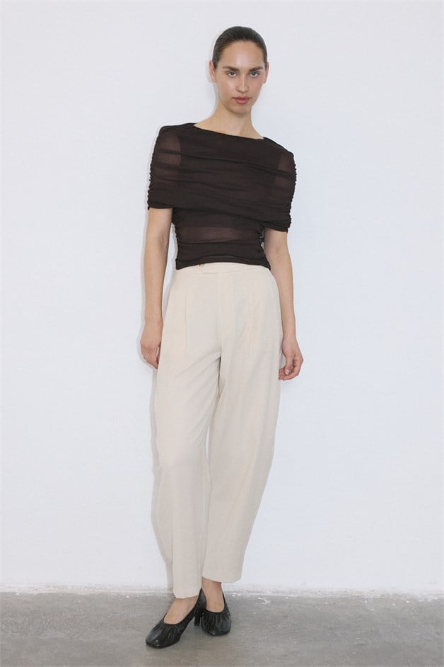 Boat Neck Draped Tulle Detail Brown Blouse