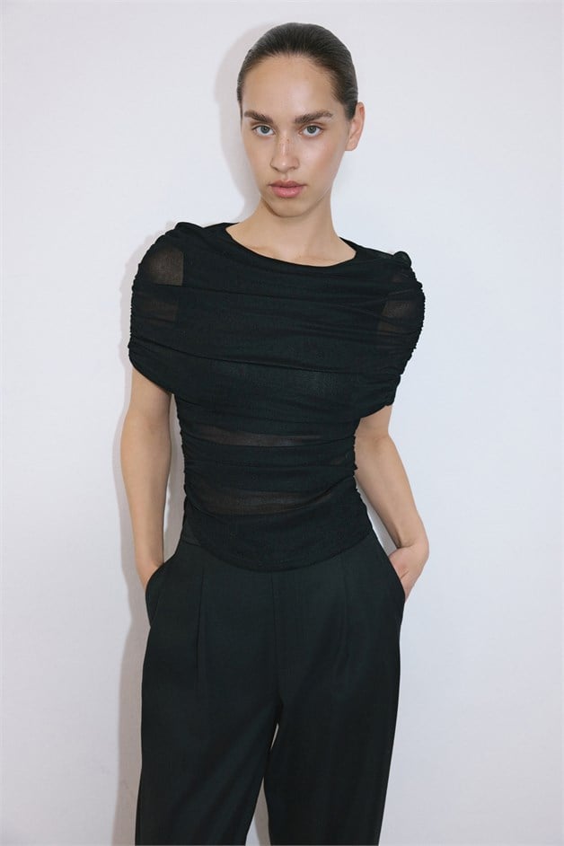 Boat Neck Draped Tulle Detail Black Blouse