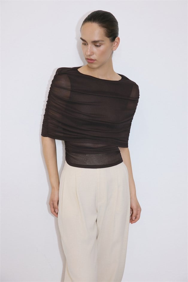 Boat Neck Draped Tulle Detail Brown Blouse