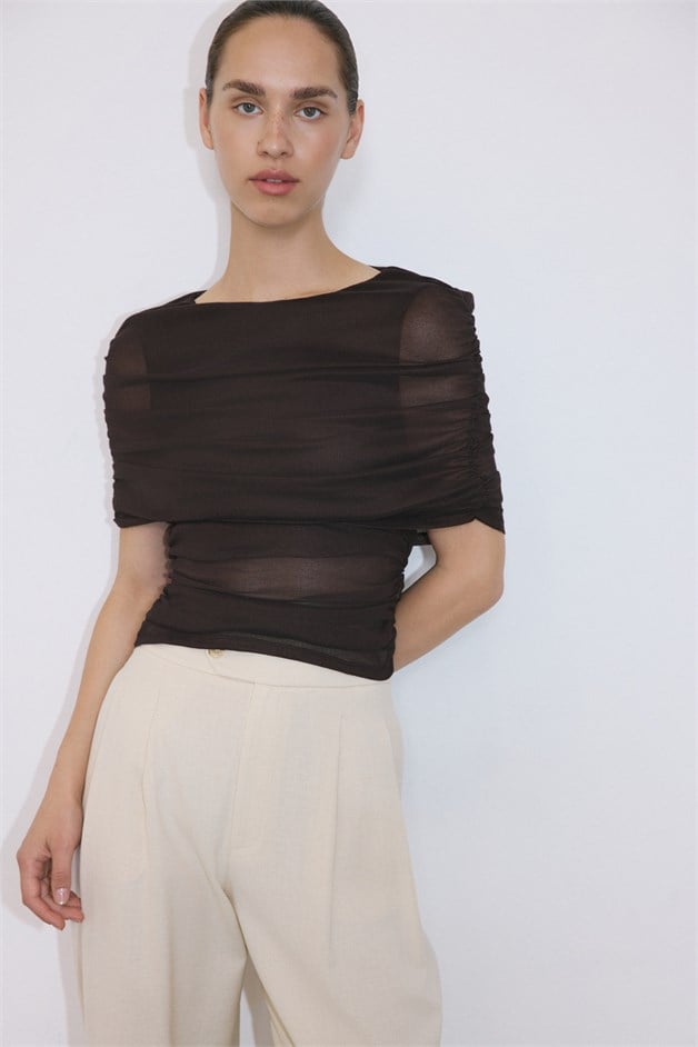 Boat Neck Draped Tulle Detail Brown Blouse