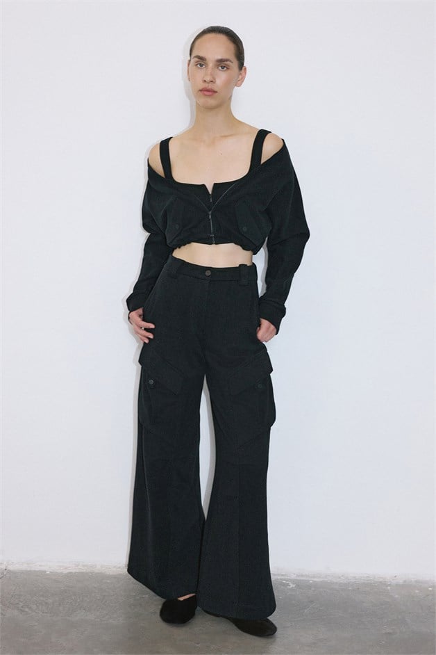 Long Sleeve Crop Bustier Black Two-Piece Set