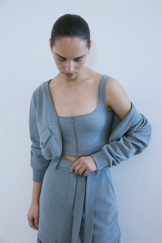 Long Sleeve Crop Bustier GrayMelange Two-Piece Set