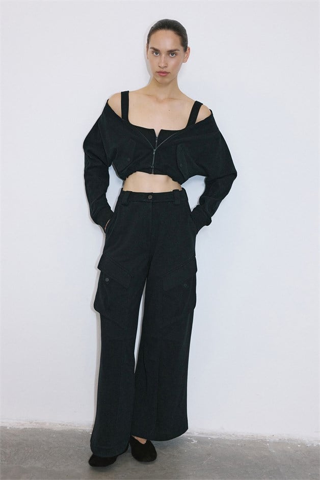 Long Sleeve Crop Bustier Black Two-Piece Set
