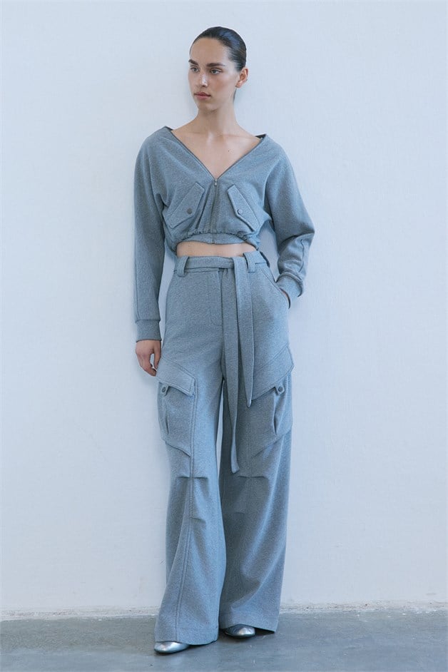 Long Sleeve Crop Bustier GrayMelange Two-Piece Set