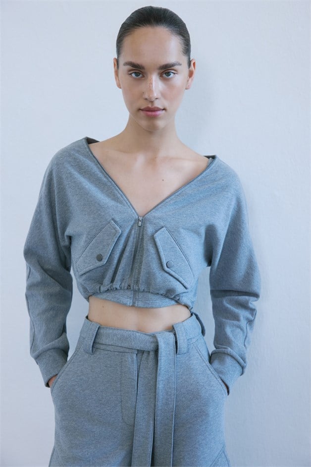 Long Sleeve Crop Bustier GrayMelange Two-Piece Set