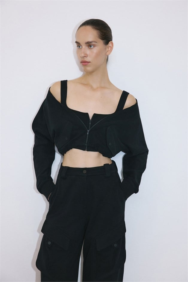 Long Sleeve Crop Bustier Black Two-Piece Set