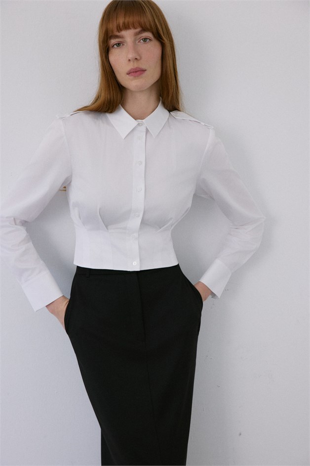 Epaulette Long Sleeve Crop White Shirt