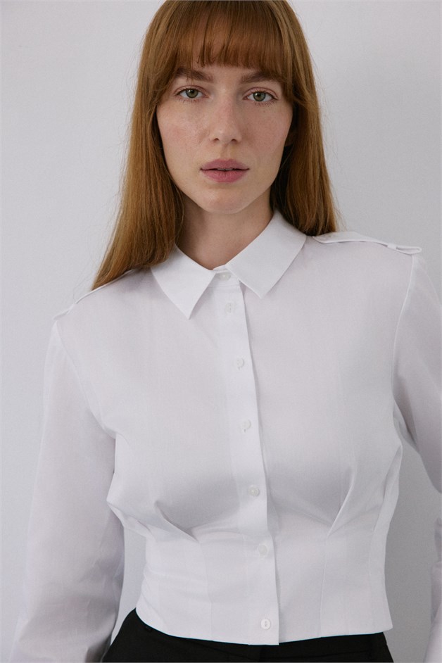 Epaulette Long Sleeve Crop White Shirt